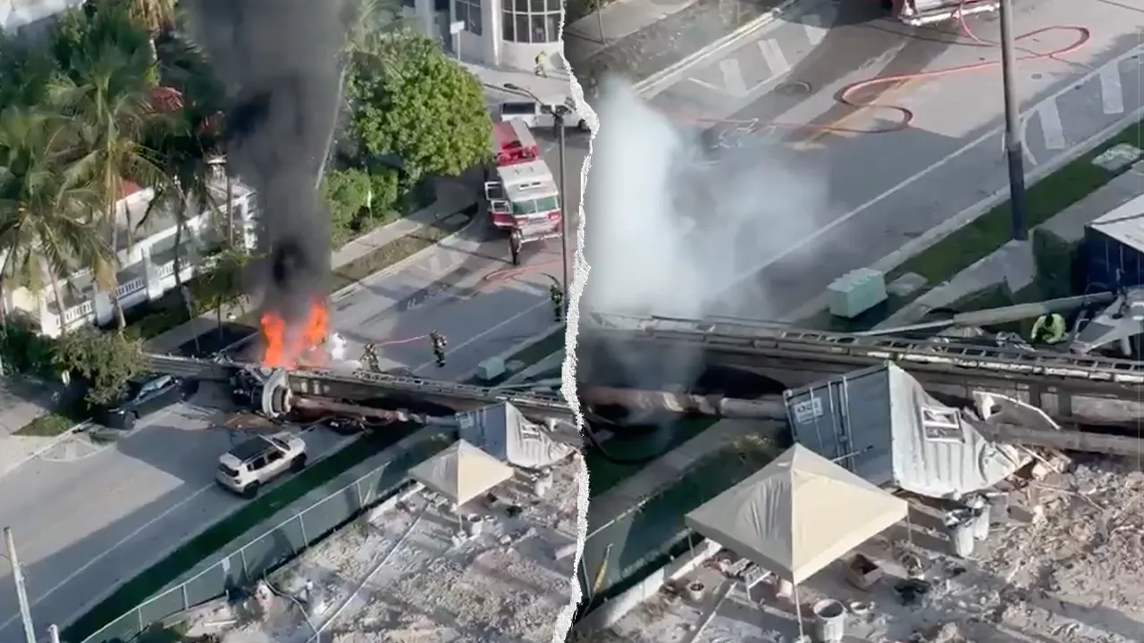 Une grue de chantier s'effondre sur trois voitures à Miami et piège des ouvriers alors qu'un incendie se déclare