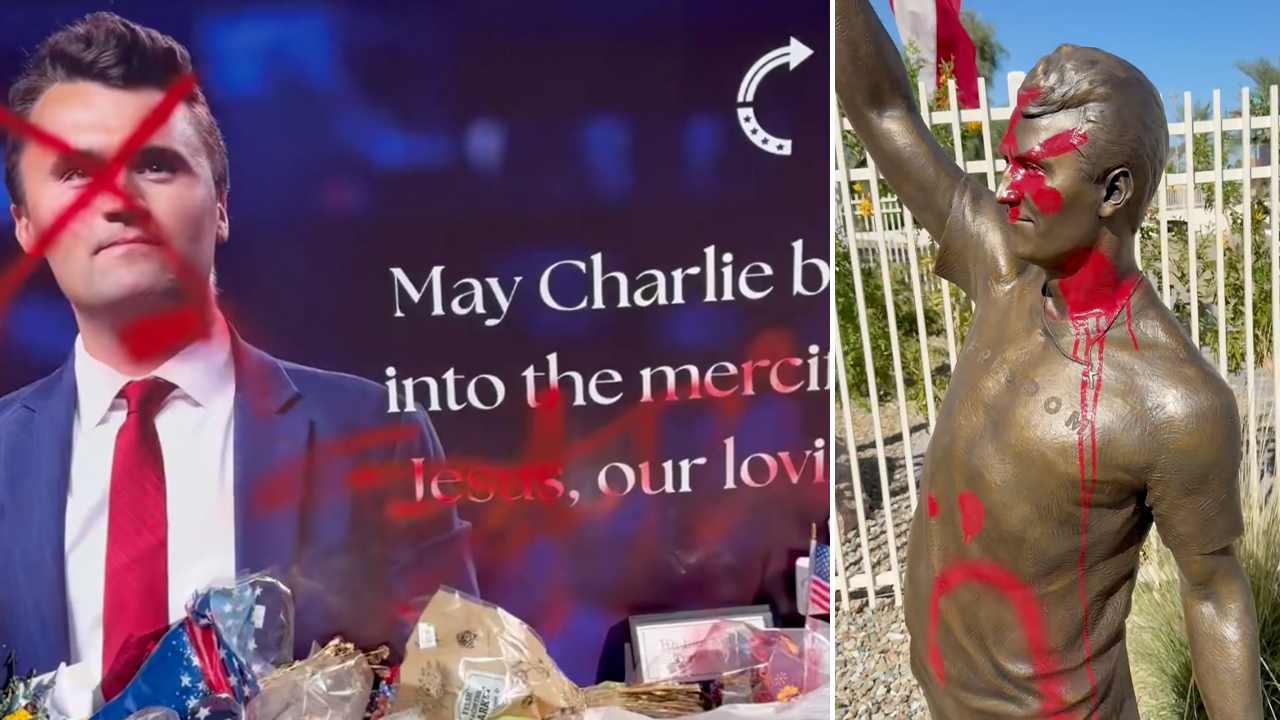 Une statue de Charlie Kirk vandalisée avec de la peinture rouge et Jésus barré, quelques jours après le premier anniversaire de son assassinat